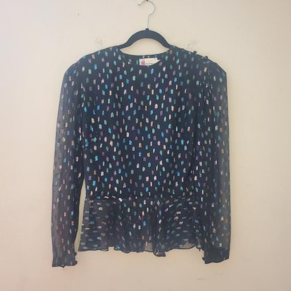 Prophecy Black Sheer Long Sleeves Metallic Fleck Elastic Waist Ruffle Hem Sz 14